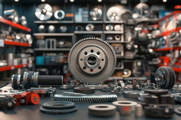 Close up 3d render of car parts on table with blurred background and copy space
